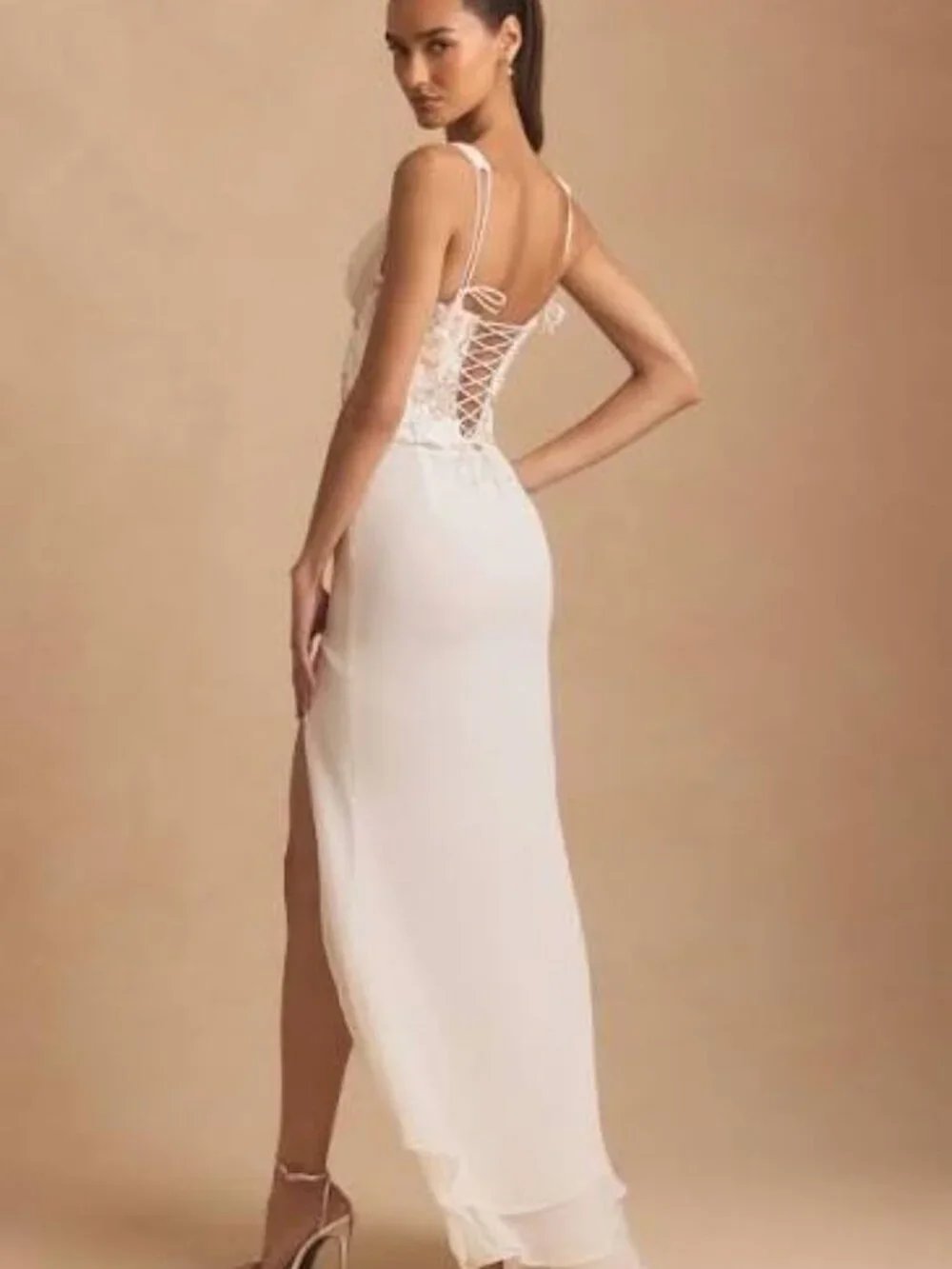 Embellished Plunge Ruffled Corset Maxi Dress in Ivory Size 2
